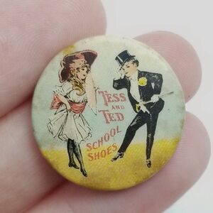 Antique Tess and Ted School Shoes Color Button, Advertising Cartoon, Missing Pin